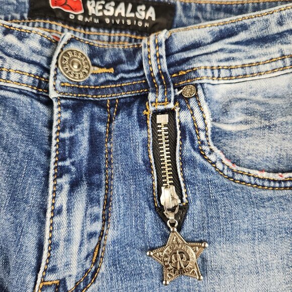 Womens Blue Denim Resalsa Skinny Ankle Jean Size 27 Stretch Faded Star Charm Zip - Picture 3 of 14